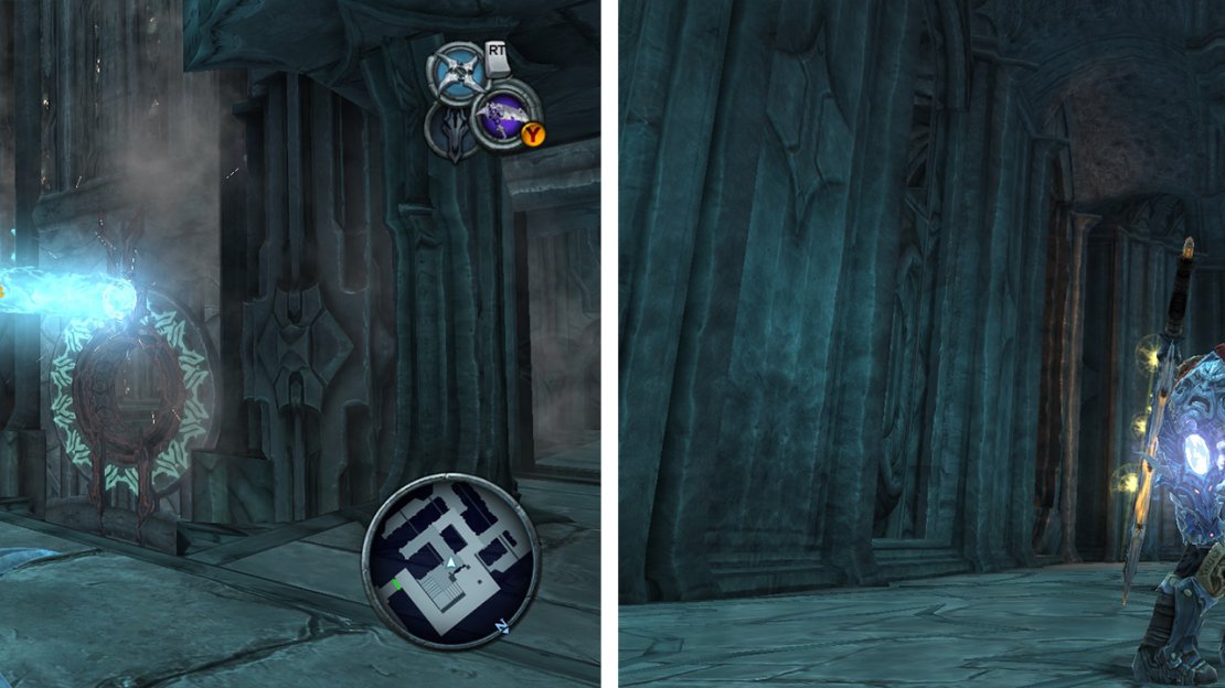 Use the portal pads to re-direct the beam (left). The spherical crystals (right) will store the beam when active.