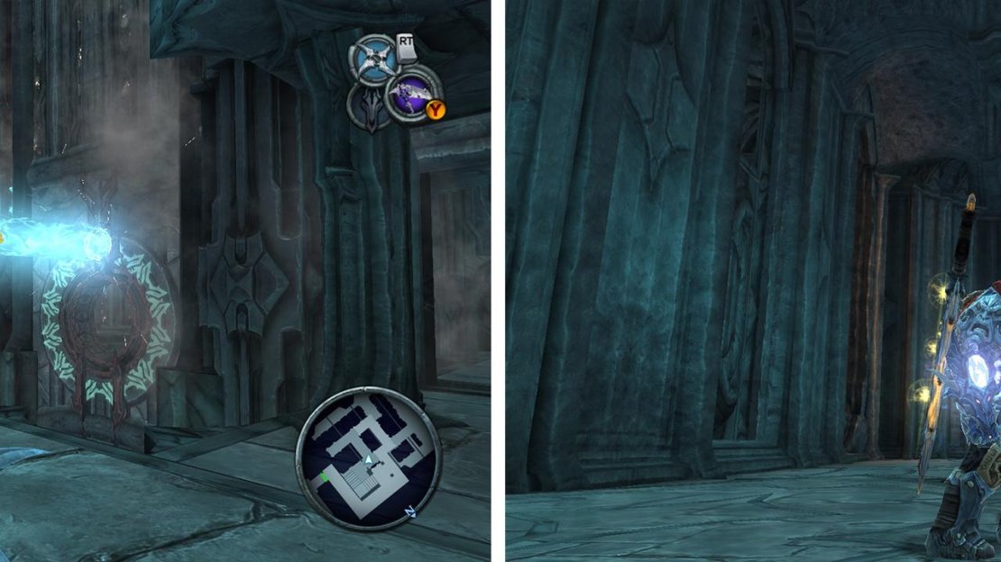 Move the sections of wall so that the laser can pass through the hole (left). Before exiting, arrange portals as such (right) to launch up to a platform with the Dungeon Map.