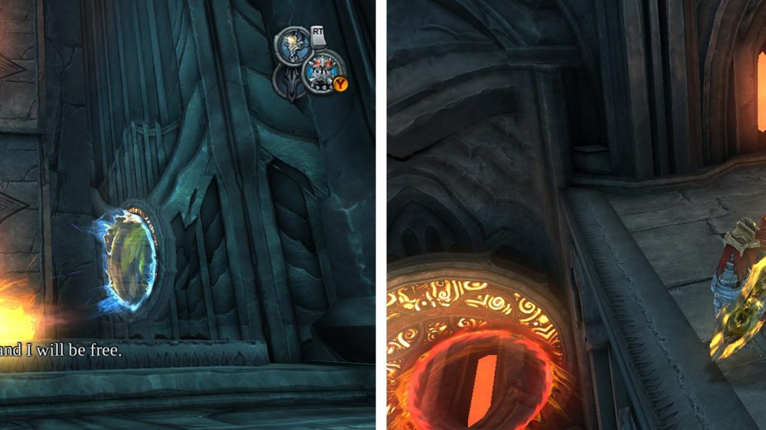 Use the portals as such (left) to reach the higher platforms. Once through the first door, use the portals to reach an Artefact (right).