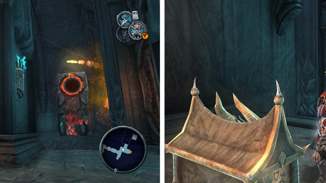 Use the spinning block (right) to reach the far side of the chasm. Destroy the red crystals via the spinning block to find a platform you can jump to with a piece of Abyssal Armour (right).