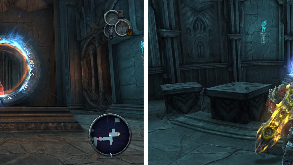Destroy the red crystals on the initial platform via the portal (right). Return and place a portal on top of the pillar (right).