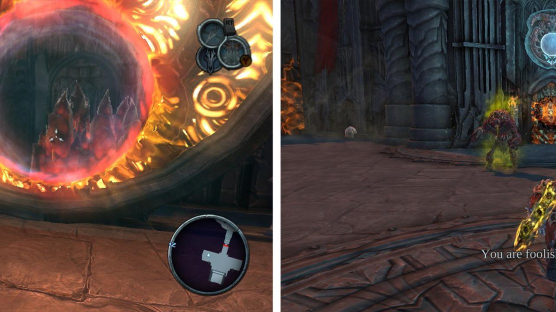 Destroy the red crystals through the portal (left) and then kill the enemies waiting on the far side (right).