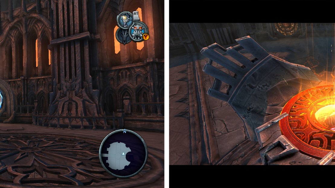 Use the portals as such (left) to drop down on the boss’s head (right).