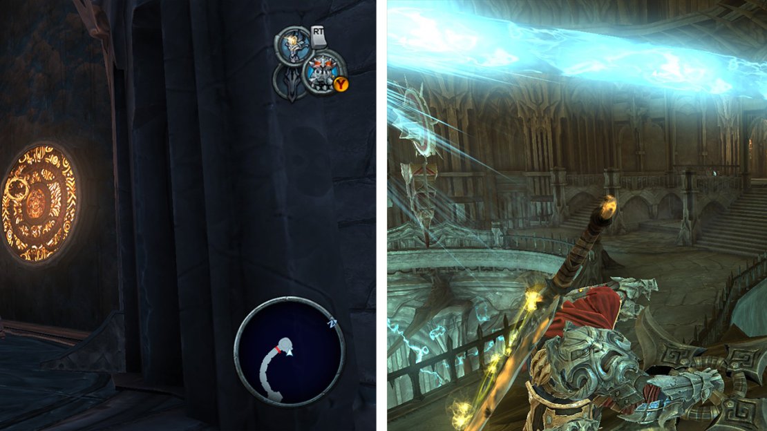 Re-direct the beam through the portal (left). Hit the crystal (right) to reflect the beam as necessary.