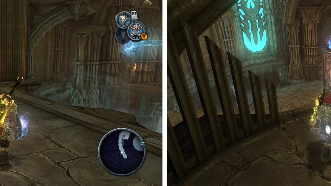 Use the portals (left) to access a balcony area. From here, shoot a charged portal on top of the central block (right) to reach an Artefact above.