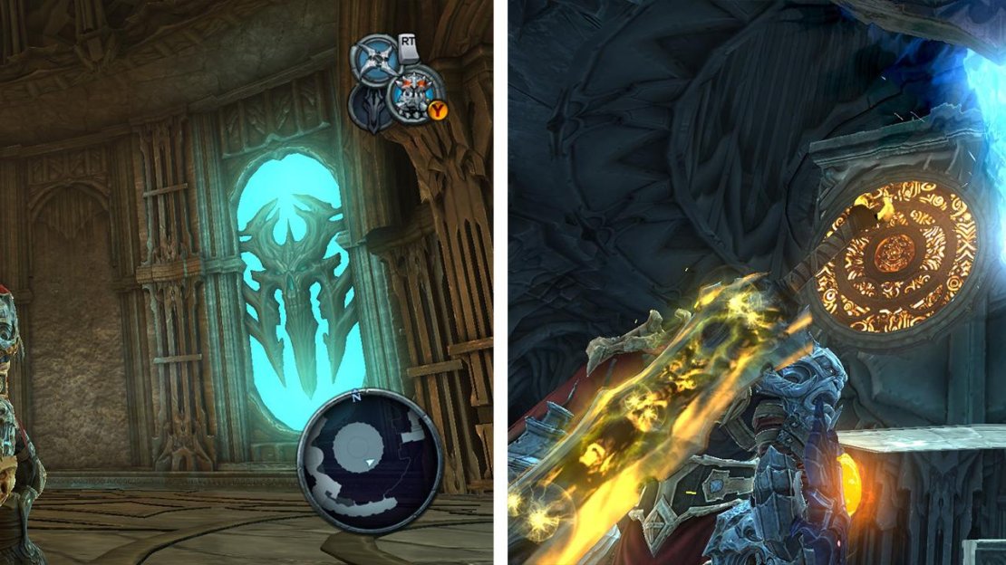 After hitting the chronosphere, hit the crystal on the hanging platform and the two crystals by the door (left). Back in Azrael’s chamber, put a portal on the pad that passes by (right).