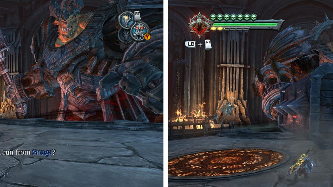 Place a portal on Straga’s hammer (left) and use the portal pad on the floor to teleport up to his weak spot. Avoid all of his other attacks by dashing or double jumping (right).