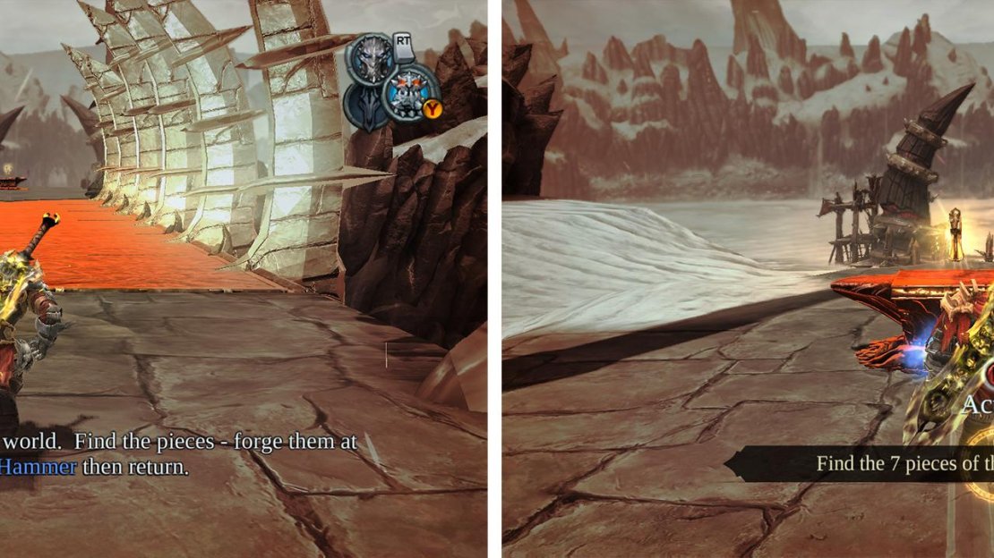 With the Mask of Shadows on cross the bridge (left) to find the first Armageddon Blade Shard (right).