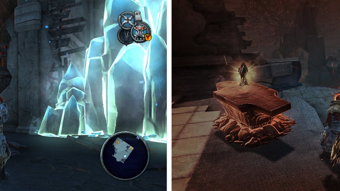 Destroy the blue crystals on the second floor (left) for a Life Stone Shard. Climb to the top of the building to find the next Armageddon Blade Shard (right).