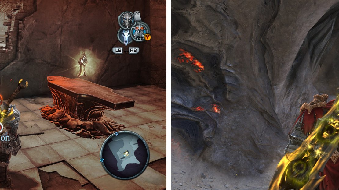 In the ruins to the left of the road is an Armageddon Blade Shard (left). On the road to the Ash Lands, in the room with the Demonic Plants, look for the grapple point (right) leading to a Wrath Shard.