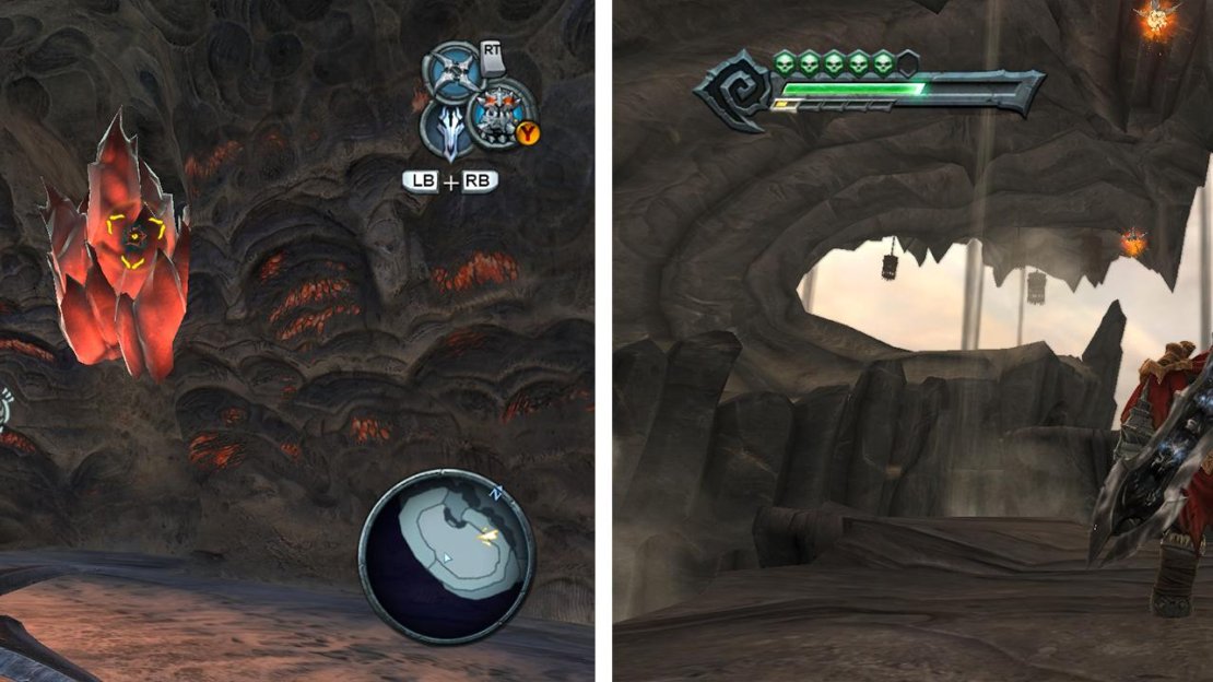 Destroy the red crystals (left) and follow the path to the top for an Armageddon Blade Shard. After using the shadowflight geyser in the middle of the Ash Lands, look for grapple points (right) leading to the Abyssal Armor.