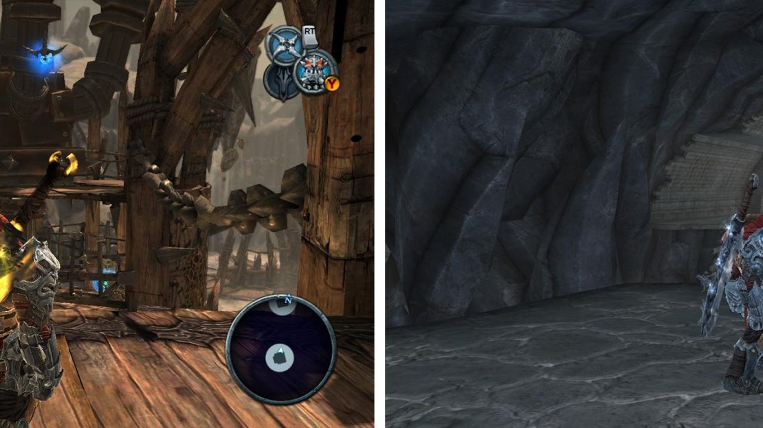 Use the grapple points (left) between the towers to reach a switch opening a path to Artefact: Overlord. Afterwards, keep going until you reach the room with 5-6 Demonic Plants, at the far end grapple to the chest with a Legendary Enhancement (right).