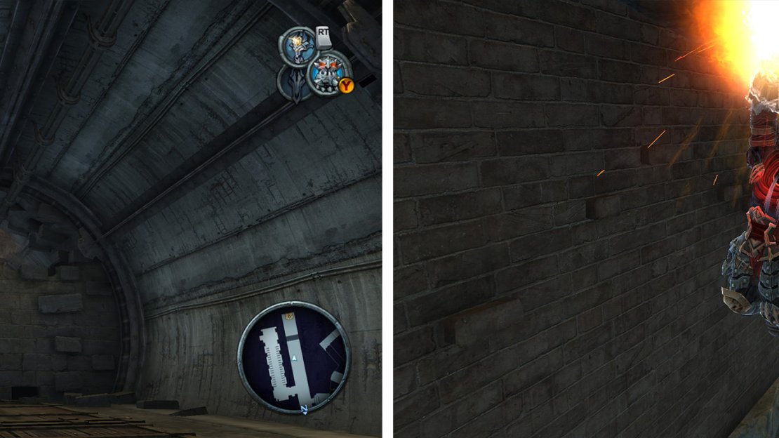 Look for a portal pad on the roof (left). Use the fan to hop down and reach a grapple point (right). Keep moving to find an Artefact and a Wrath Shard through a second portal pad.