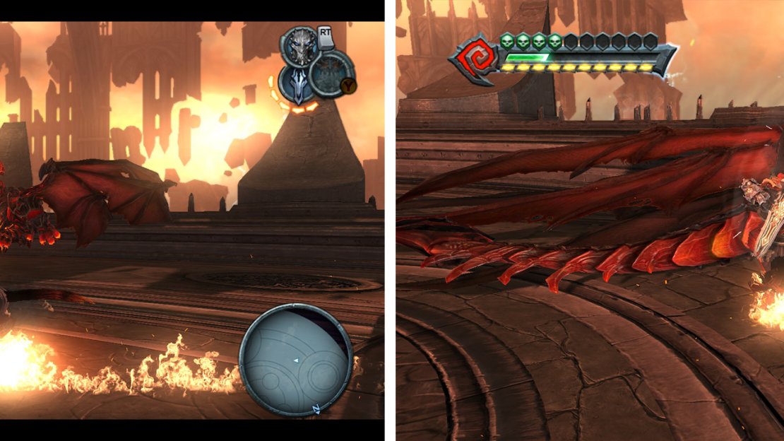 Whilst in dragon form, attack the boss riding Ruin (left). When he stumbles, lay in with your big attacks (right).