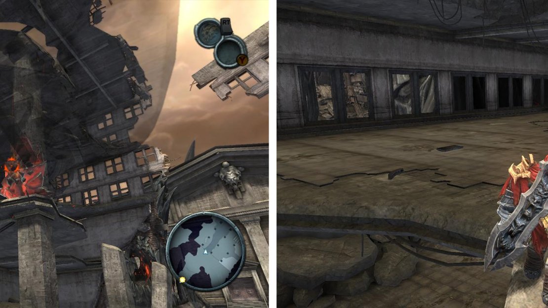 Throw a car at the bomb on the pillar (left). Climb it to find a piece of Abyssal Armour (right).