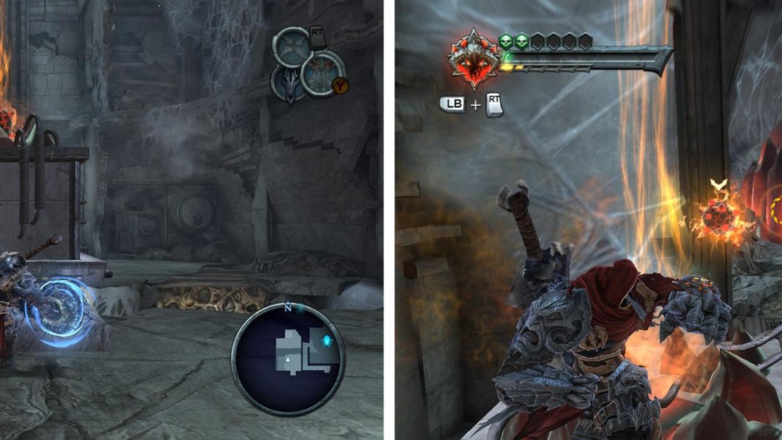Punch the bomb block across the gap (left). When it reaches the top, use the bomb to blow up the red crystals (right).