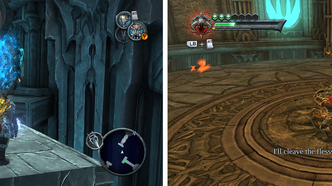 Climb to the top of the spinning rock cylinder and jump to the platform with the locked door (right). At the top of the lift fight off the enemies that appear (right).