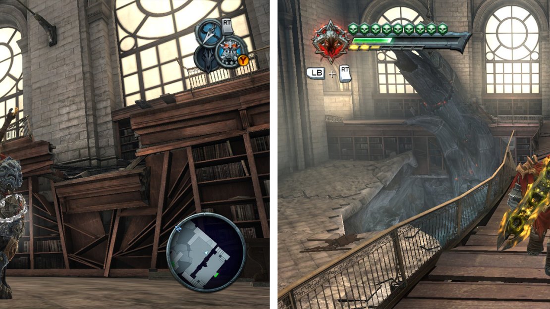 Enter the building behind Vulgrim and find the broken bookshelf (left). Here you can find a grapple point to a Life Stone Shard and a jump to a Artefact (right).