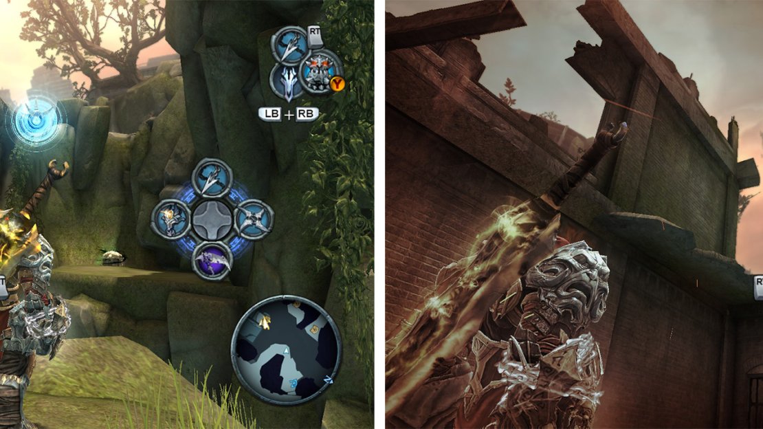 Use the grapple point (left) to reach a Life Stone Shard. With the Mask of Shadows look for the grapple point leading to the next Armageddon Blade Shard (right).