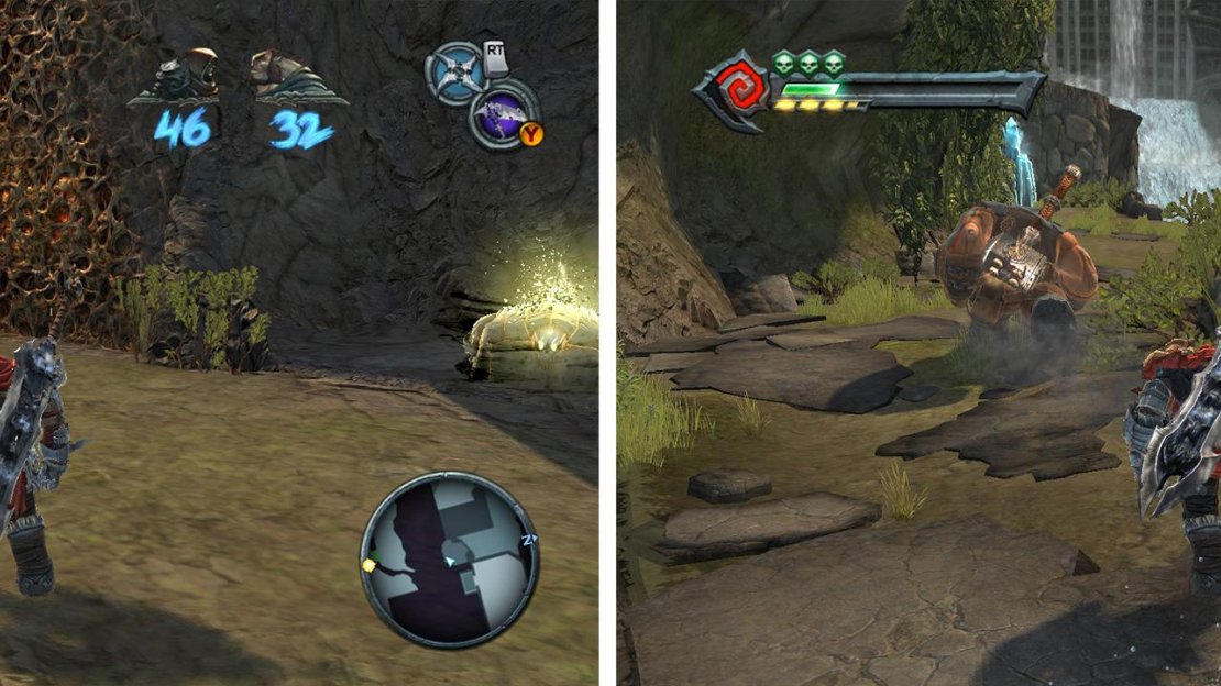 Use the demon growth to climb down to a Wrath Shard (left). Follow Ulthane until the end of the area (right).
