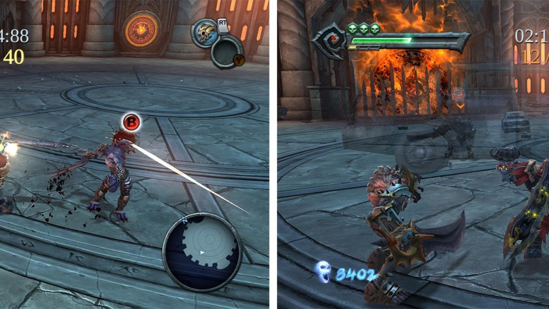 When enemy health is low, hit the button prompt to finish them! (left). You can use cars and other objects in the environment as projectile weapons (right).