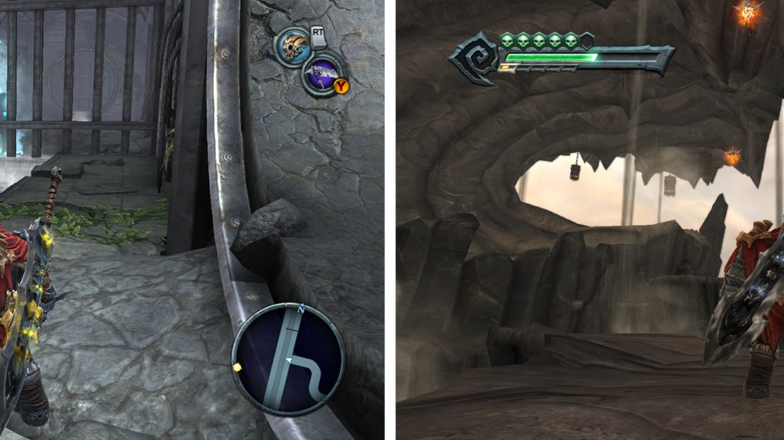 Blue Crystals (left) and Grapple Points (right) are two of the most common points of interest in the game world.