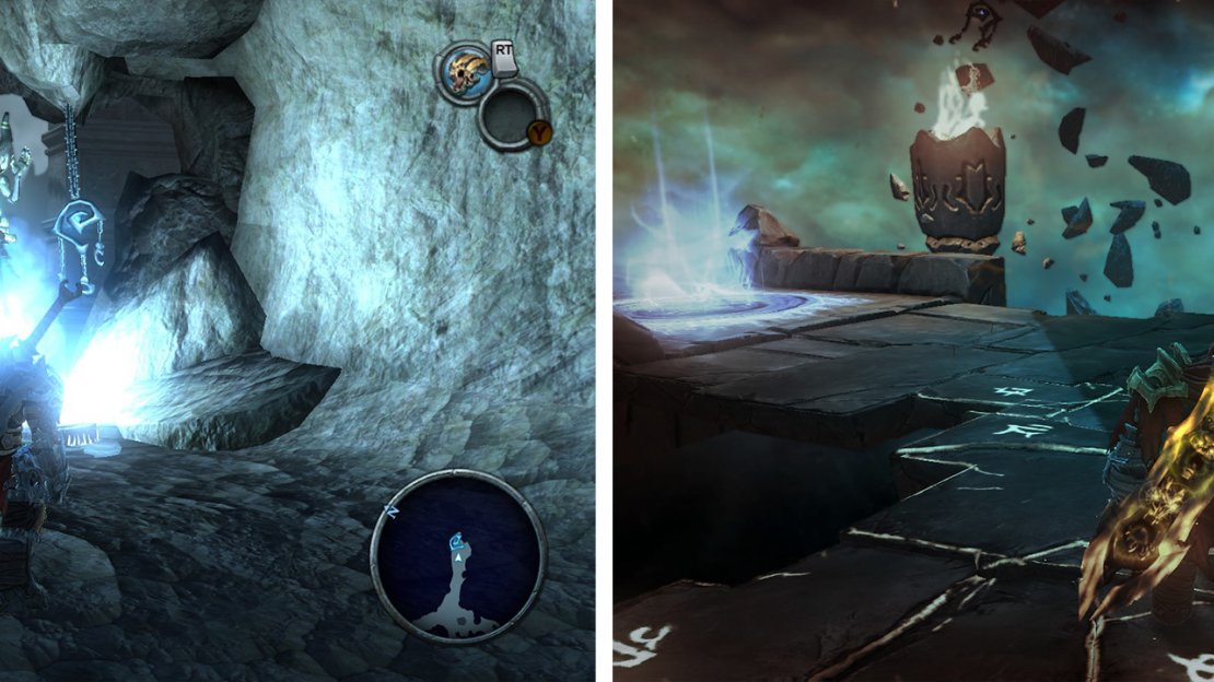 Vulgrim can be found all over the world (left). You can fast travel between Vulgrim Locations using Serpent Holes (right).