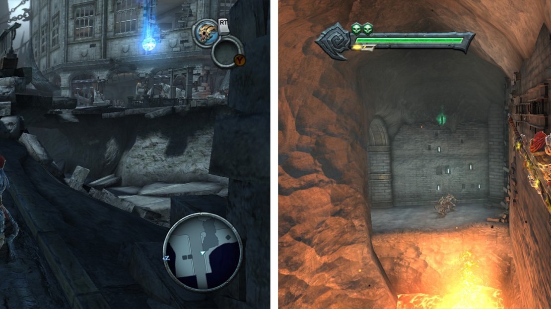 Upon entering the Broken Stair go through the destroyed wall (left) to find an Artefact. In the twilight Cathedral, after crossing this gap back jump from the wall to grab the Artefact (right).
