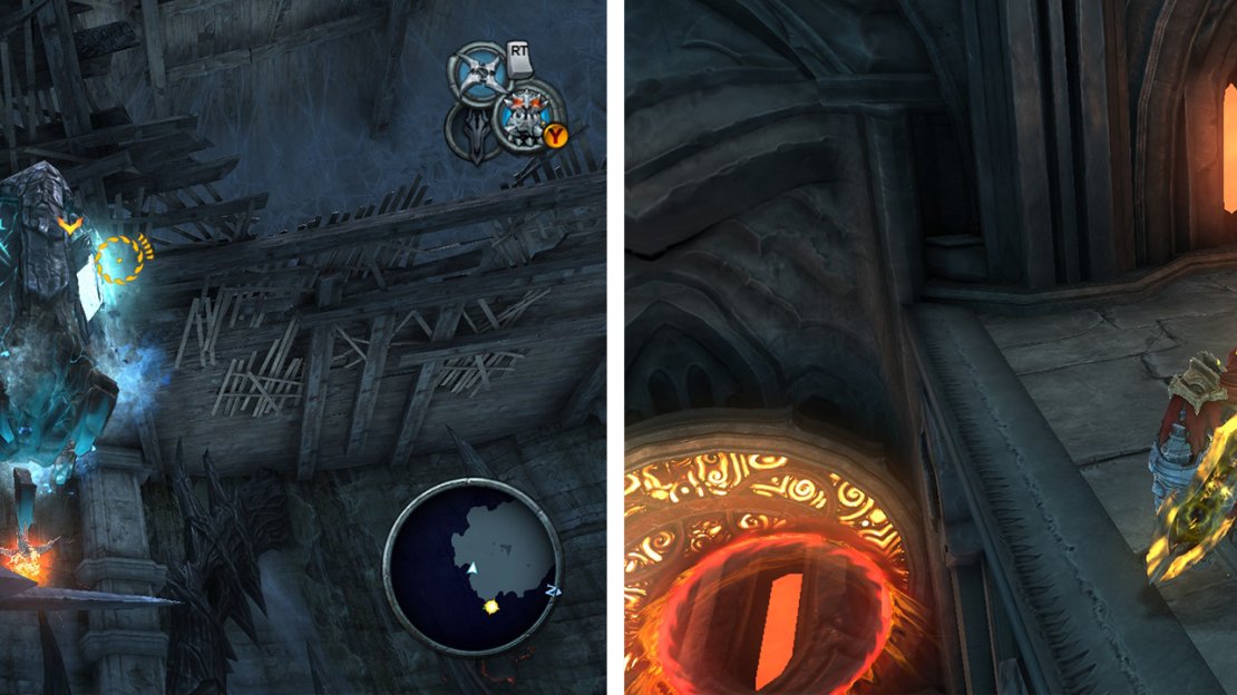 After beating Silitha in the Iron Canopy, use the lift (left) to go up to the previous area, the Artefact is behind a rock. In the first room of the third wing of the Black Throne, there are portal pads to get to this Artefact (right).