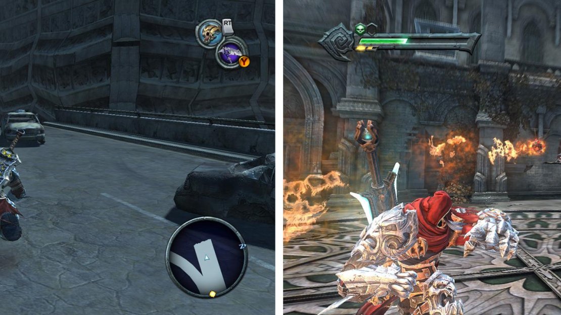 Broken Stair: When you reach the overpass, grab the Life Stone Shard from the dead end to the left (left). Twilight Cathedral: In this courtyard throw a bomb through the window (right) to reveal a Life Stone Shard (right).