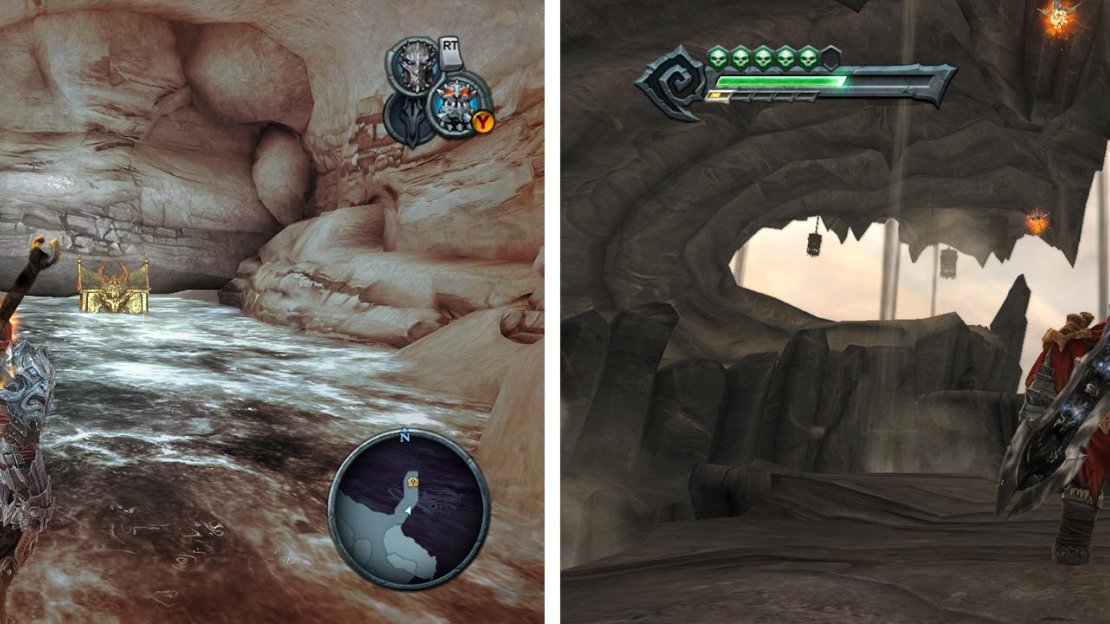 Eden: The armour can be found behind the waterfall (left). Ash Lands: Use the Abyssal Chain from the rocky platform accessible via the shadowflight geyser in the desert (right) to reach a rooftop with the armour.
