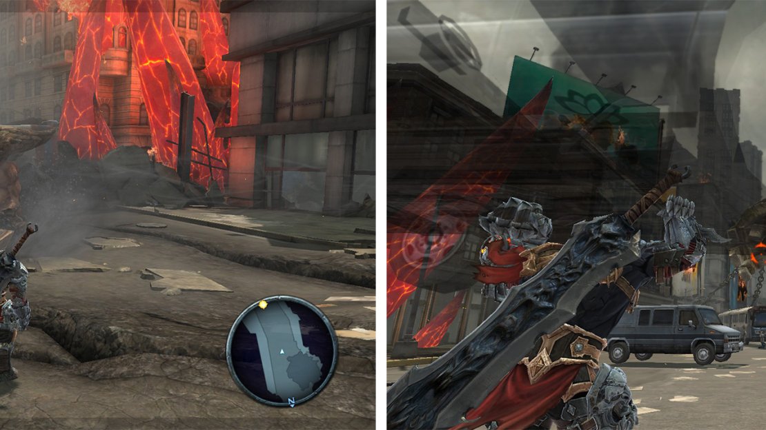 Fight off the enemies as you begin (left). When you see the Gatekeeper ahead, pick up a car (right) and wait for a helicopter to throw it at for an achievement/trophy.