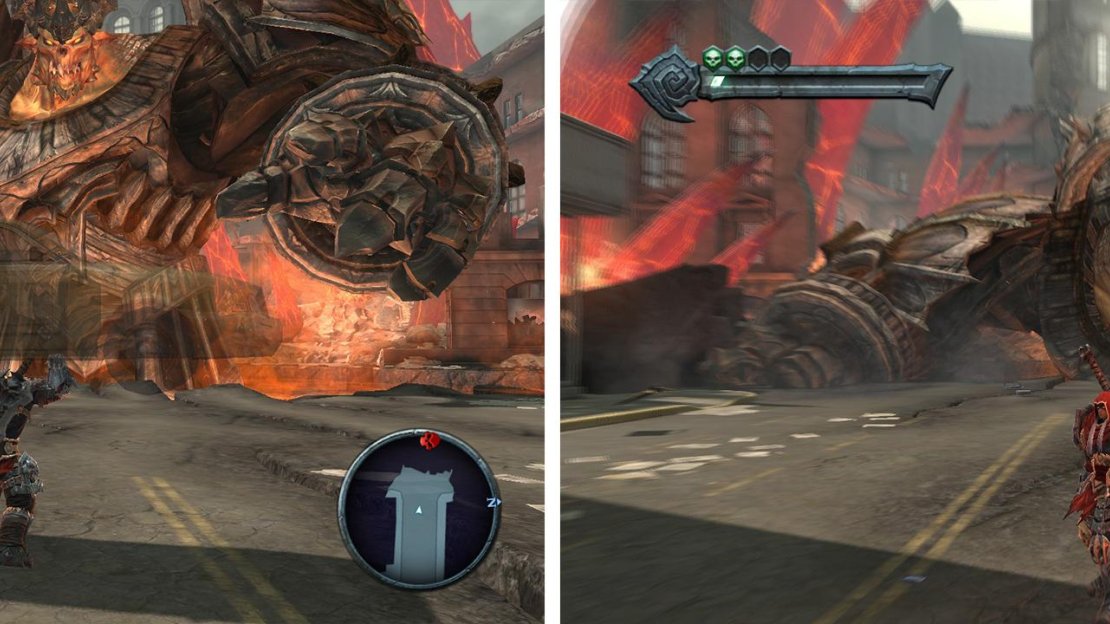 Wait for Straga to throw cars (left) and hurl one at his head. Avoid his roar attack by double jumping (right).