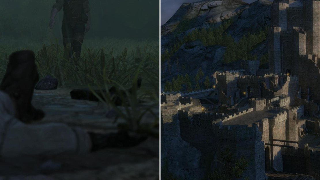 Pursued by the Wild Hunt, an exhaused Geralt collapses (left) and is brought to the fortress of Kaer Morhen to recover (right).