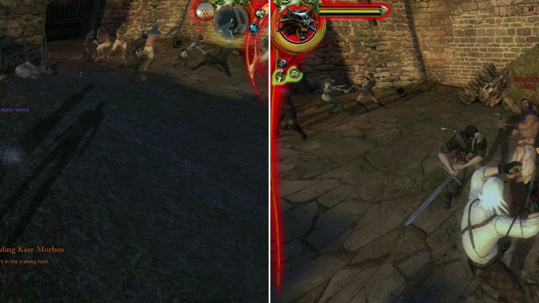 Grab the Rusty Sword off the training dummy (left) and test how rusty your own skills are against the nearby bandits (right).