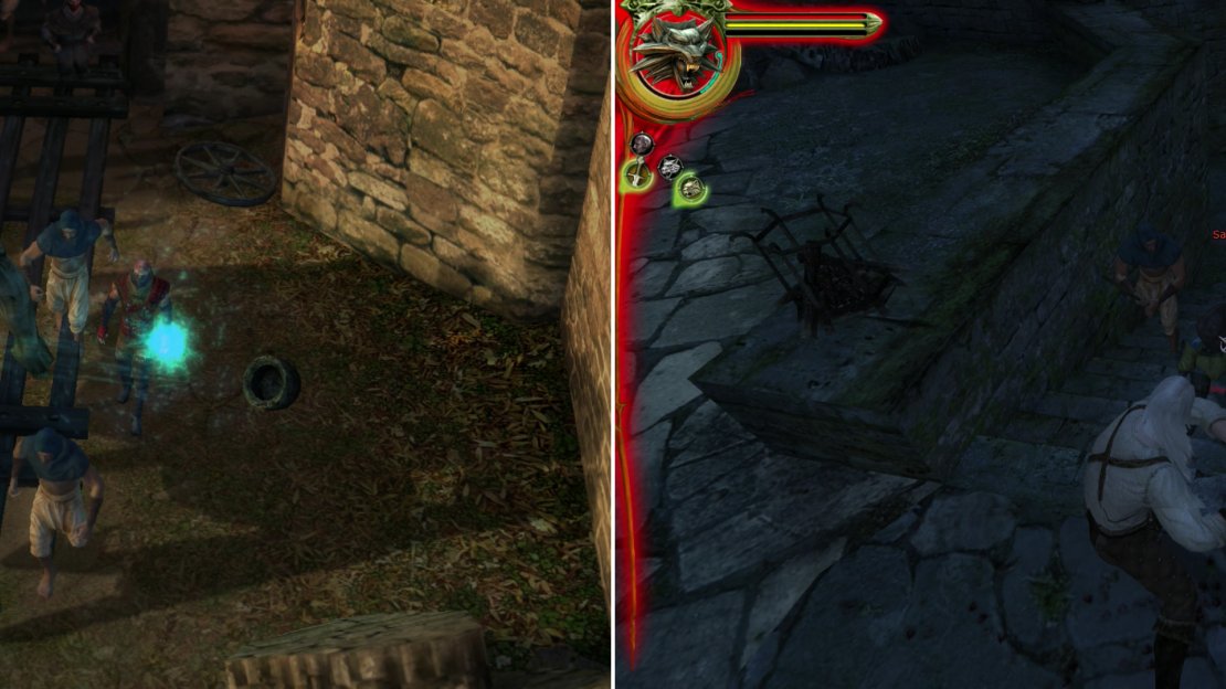 The Frightener’s arrival, commanded by the mage Savolla, dispels any notion that Kaer Morhen is under attack by mere bandits (left). Use the Strong Style whenever you can, as it’‘ll deal the most damage when it hits. Against faster foes, however, you’ll have to settle for the Fast Style if you want to strike the enemy regularly (right).