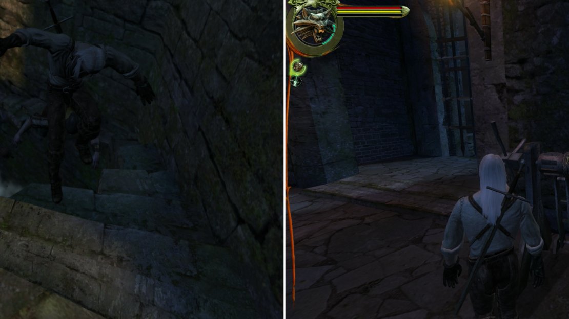 Make your way through Kaer Morhen, thwarting Salamandra bandits along the way (left) and activate the winch to rescue your friends (right).