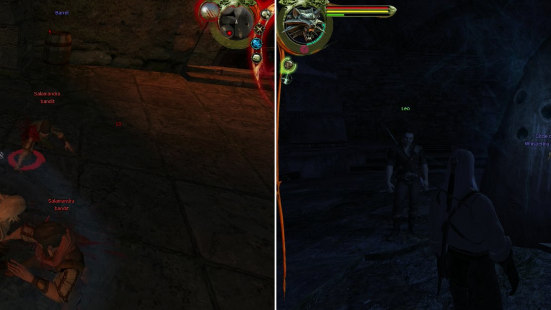 Use the Group Style when you’re fighting three or more foes at once, as it’ll do great damage in these situations (left). Activate the “Circle of Whispering Stones” to learn the Aard sign (right).