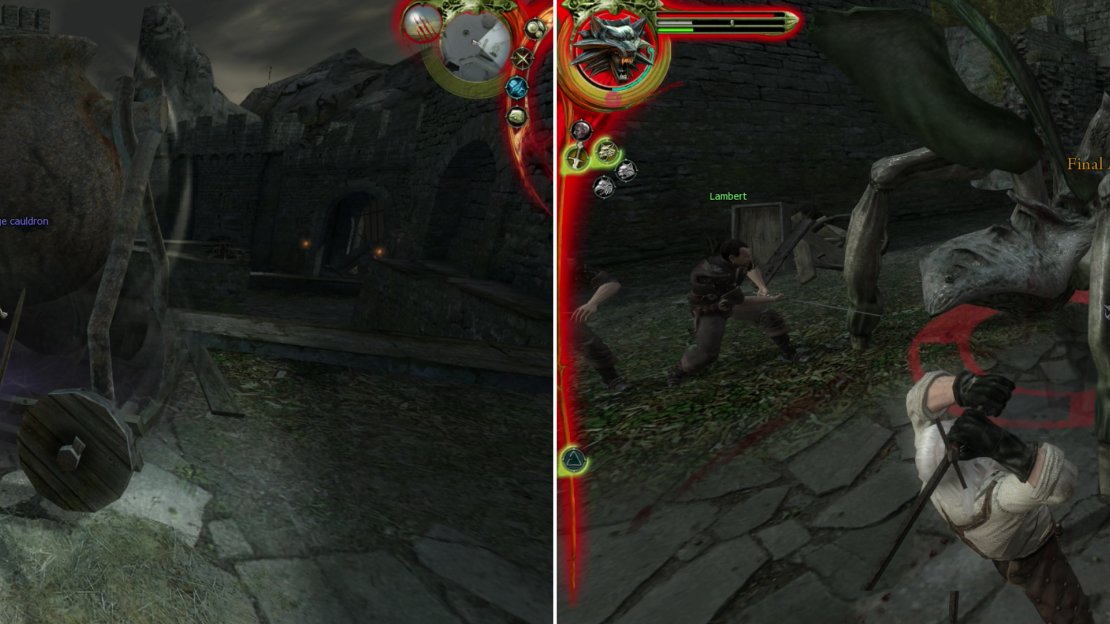 Ring the bell, then hit the “Seige Cauldrons” with the Aard sign (left) to leave the Frightener vulnerable (right).