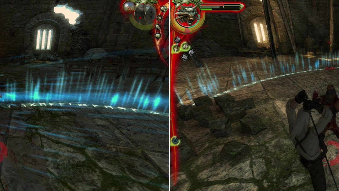 Kill the bandits Savolla is siphoning energy from (left), then focus on the vulnerable mage, himself (right).