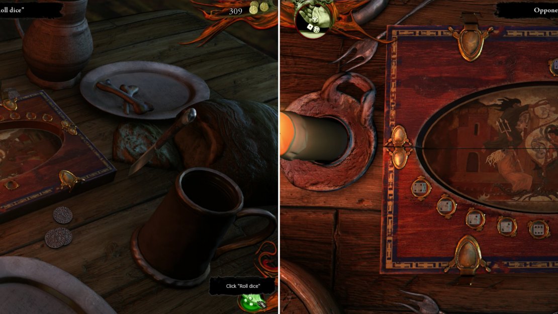 Make a wager and roll the dice to start a game of Dice Poker (left). Best two-out-of-three wins the game. Instead of numbered and face cards, your “hands” consist of dice results, using largely the same rules as regular poker (right).