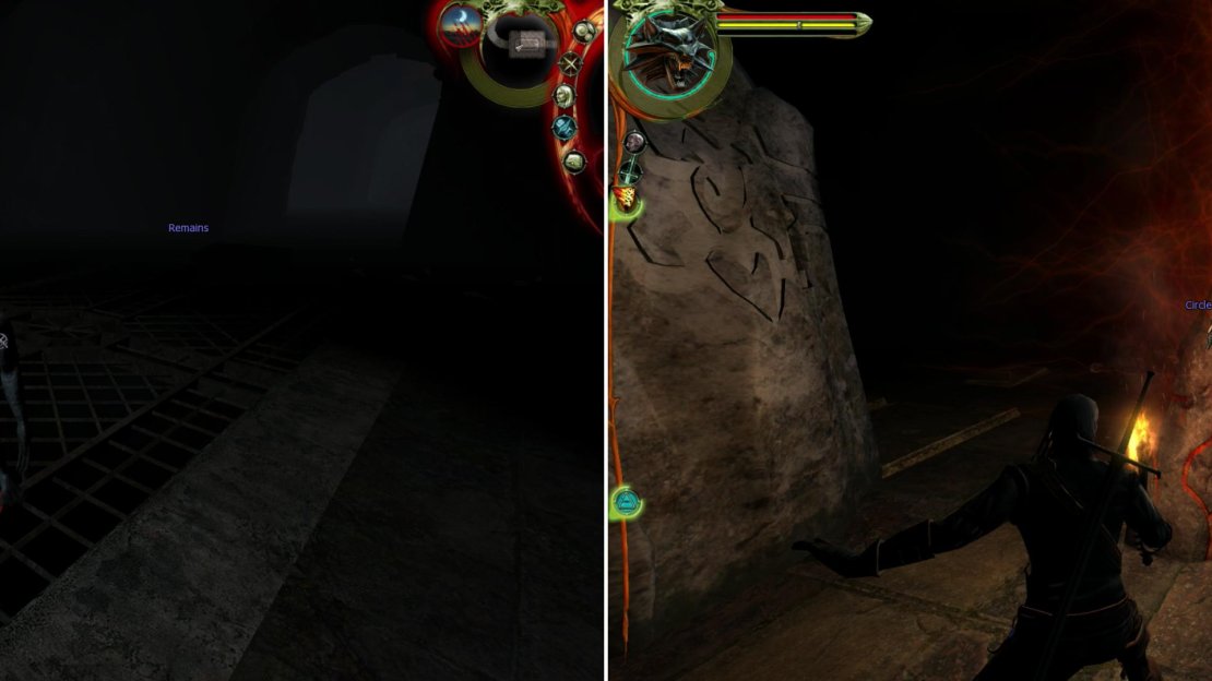 Ghouls might be tough at this point in the game, but a lucky shot from Aard can leave them vulnerable to a coup-de-grace (left). Fight your way through a half-dozen Ghouls to reach the prize: the “Circle of Inner Fire”, which will teach you the Ingi Sign (right).