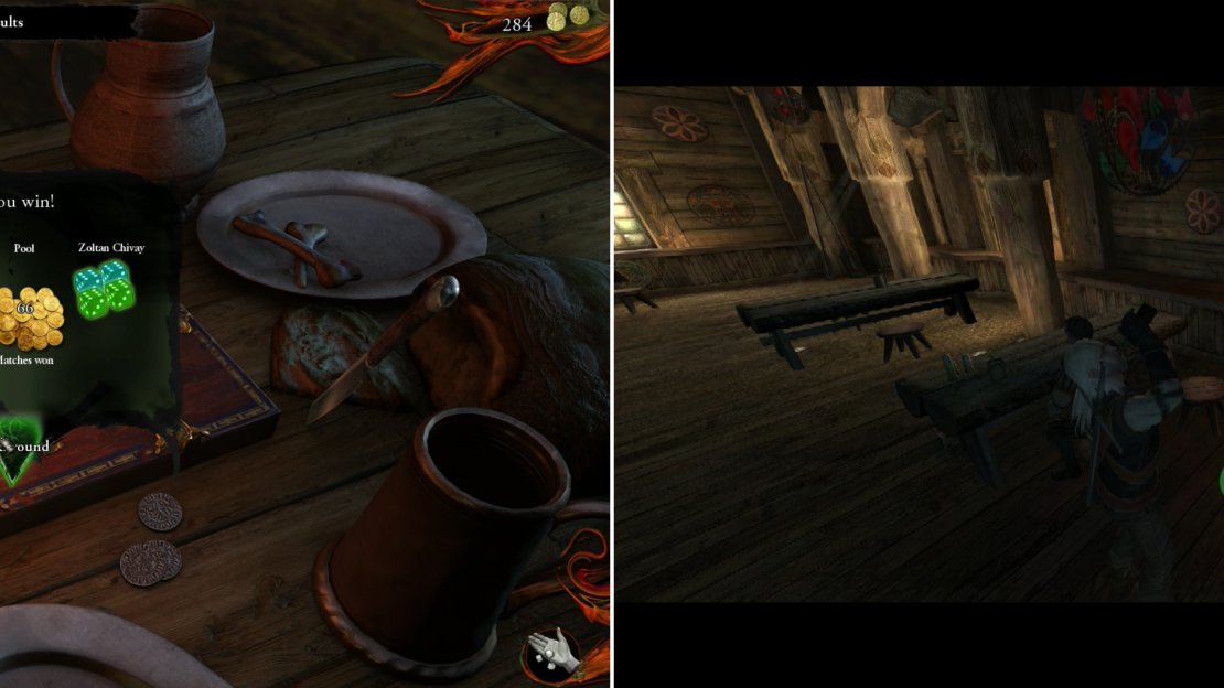 There are plenty of ways to man-bond with Zoltan Chivay. First, trounce him at Dice Poker (left) to be introduced to the seedy underworld of Dice Poker that infests Vizima, then engage in a good, old-fashioned drinking contest (right).