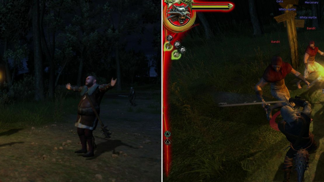 If you wander around at night (after talking to Vesna in the Country Inn) you’ll find that she’s been found by a bit of trouble (left). Teach these jerks not to rape, Witcher-style (right).