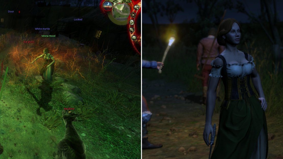 Her humanoid assailants might be dead, but walking around the Outskirts at night isn’t exactly safe (left). Do the gentlemanly thing and escort Vesna home-after all, aren’t Witcher supposed to protect people from monsters? Asking for a date afterwards, however, is optional (right).