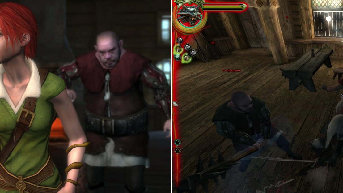 Another day, another woman threatened in the Outskirts (left) to which Geralt has only one response (right).