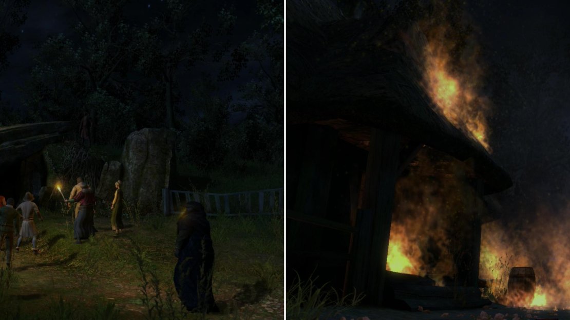 Outside the cave, the Reverend has whipped up the villagers into a frenzy that can only be quenched by the blood of Abigail, their chosen scape-goat for The Beast, which was actually summoned by their own crimes (left). After dealing with the mob-one way or another-you can finally confront The Beast (right).