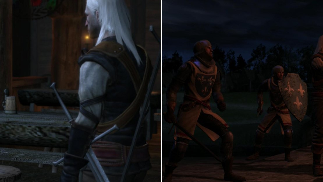 After the battle, return to the Country Inn to escort Shani to Vizima (left), after explaining the whole mess to her. All does not go as planned, however, and Geralt wisely choses to surrender against overwhelming odds (right).