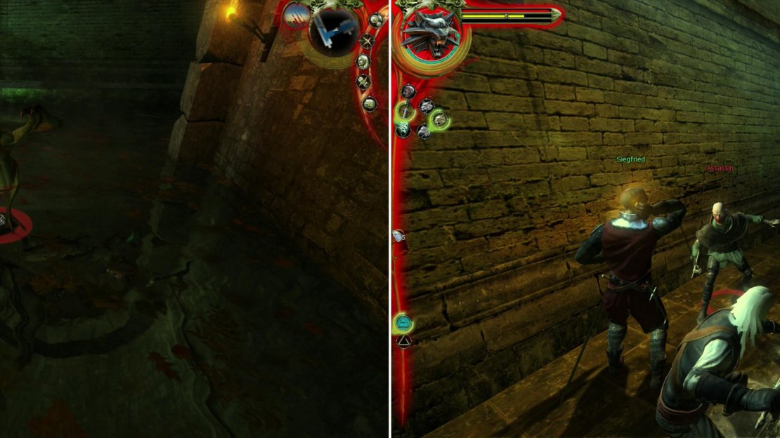 Defeat the Cockatrice in the sewers to earn your pardon (left), and survive an ambush by Salamandra Assassins as you attempt to leave the sewers and claim said pardon (right).