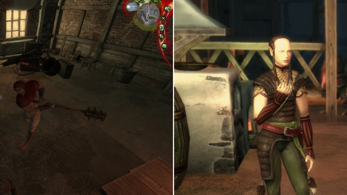 The thugs made the mistake of setting a Witcher loose on them, with predictably bloody results (left). When you’re done butchering, rescue the Half-Elf (right).
